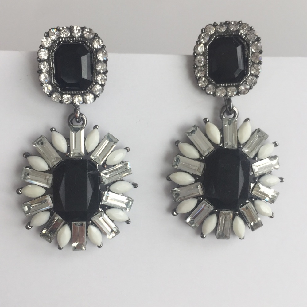 NWT Drop Earrings Black, White & Clear Rhinestones